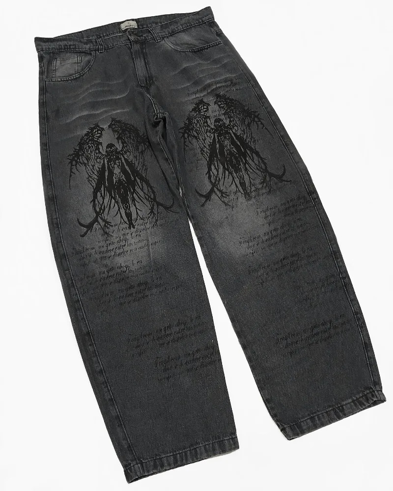 Punk Dark Angel Print Washed Distressed Jeans Men Harajuku Y2K Streetwear Trouser Gothic Retro Casual Straight Pants 251205