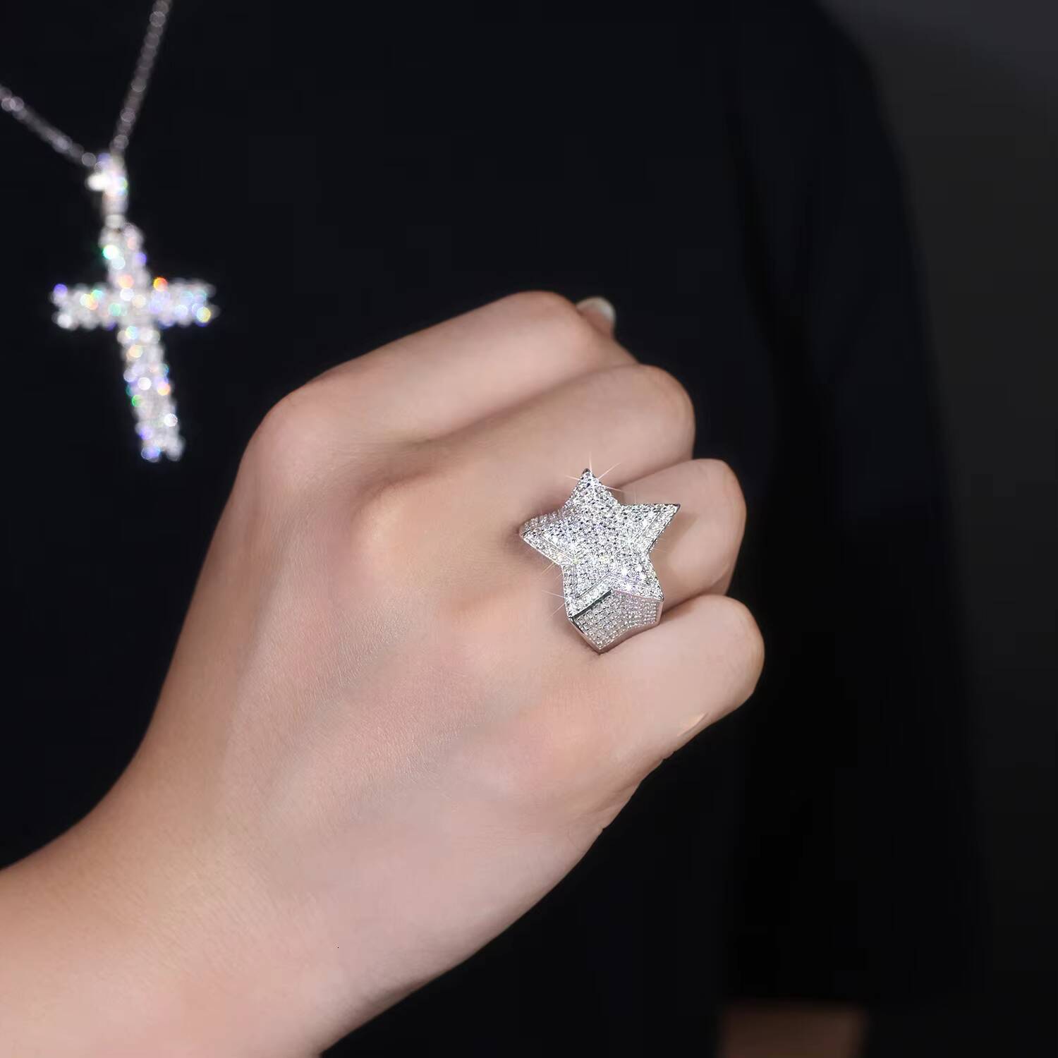 DE Star Design Moissanite Men Ring Hip Hop Five-pointed Shape Moissanite Men Ring Hip Hop Star VVS1 Moissanite Ring for Men
