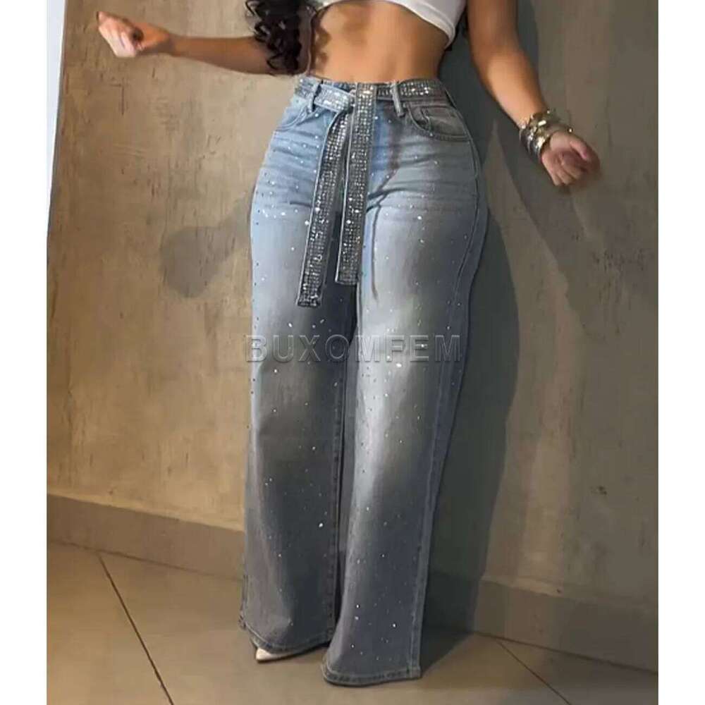 Women's Drilled Straight 2025 Stylish Baggy Pants Y2k Streetwear Outfit Wide Leg Loose Jeans Ladies Bottoms