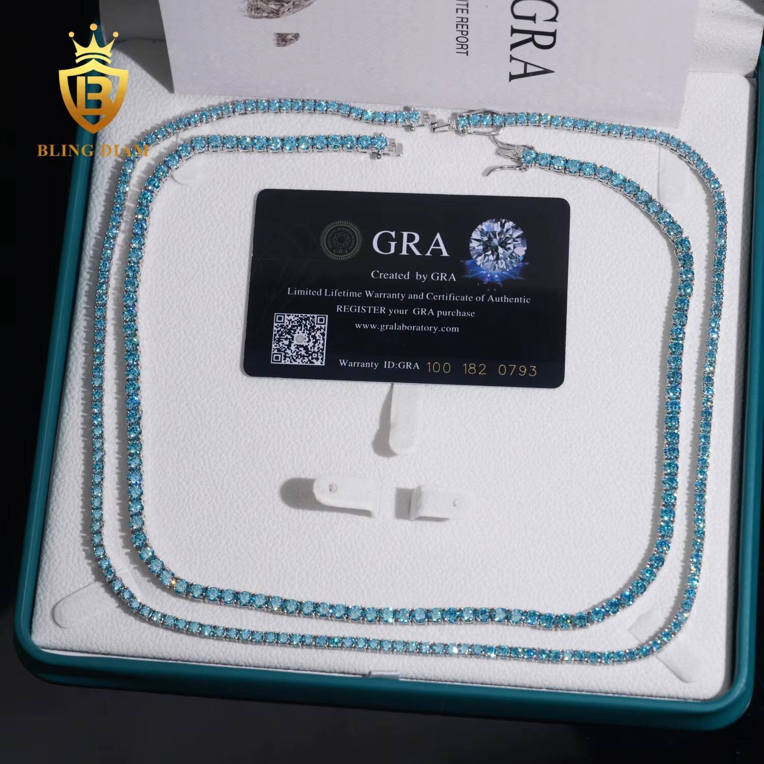 High Quality 925 Sterling Silver Iced Out Hip Hop Jewelry Sea Blue Moissanite 3mm 4mm 5mm Tennis Chain Necklace