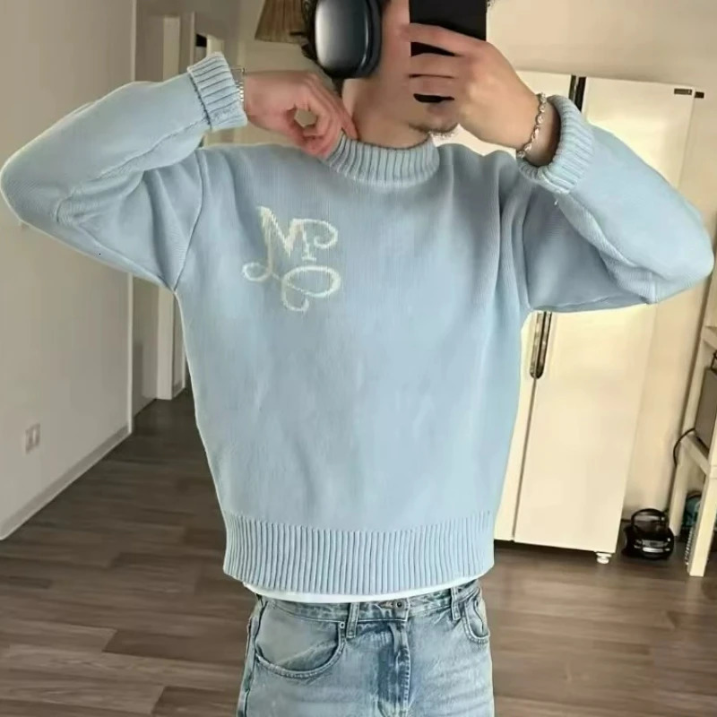 Y2K Sky Blue Long Sleeve Sweater Signature M Symbol Pattern Sweater Trendy Vintage Autumn Winter Unisex Oversized Clothing 251204