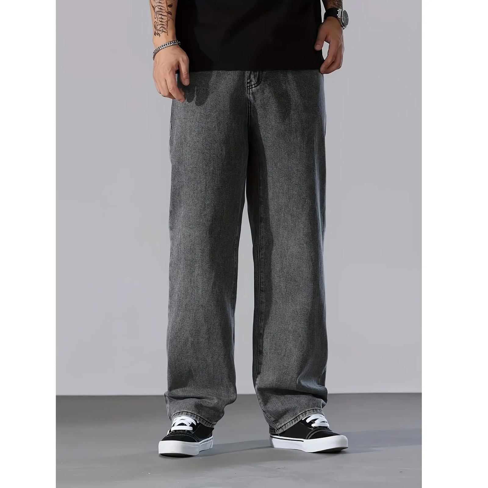 Large mens loose straight tube gray washed denim jeans suitable for all seasons versatile daily use wide leg pants 251205