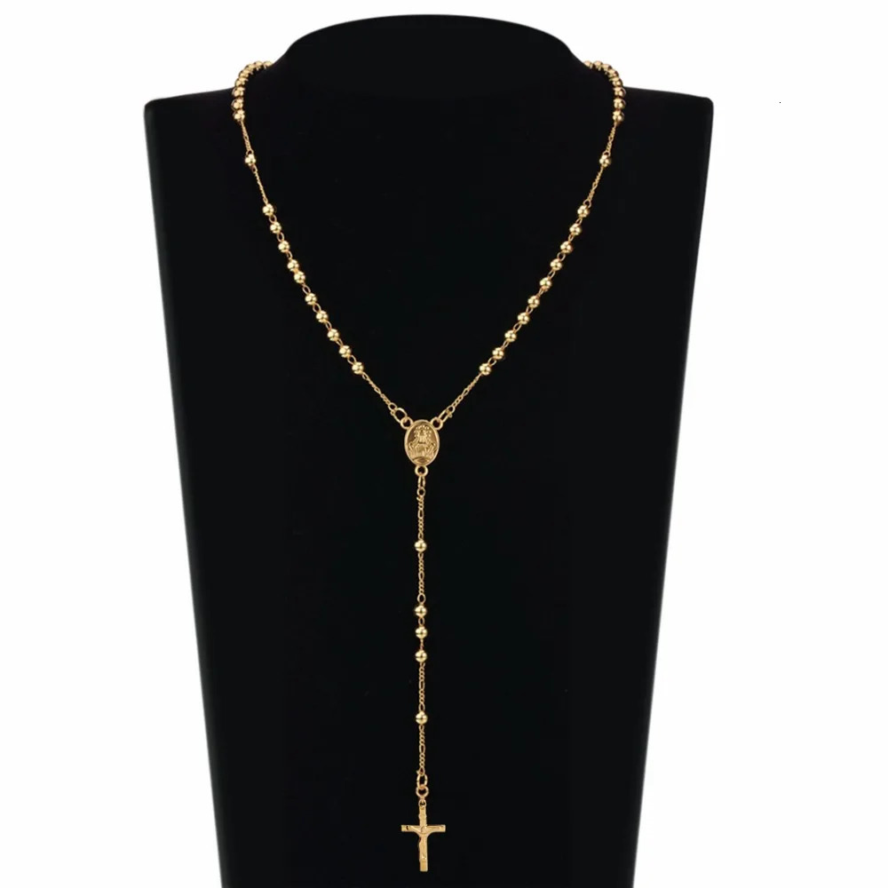 Stainless Steel Beads Necklace Gold Color Rosary Necklaces Pendants Jesus Christ Cross Long Chain Men Women Jewelry Gift NZ009251231ww