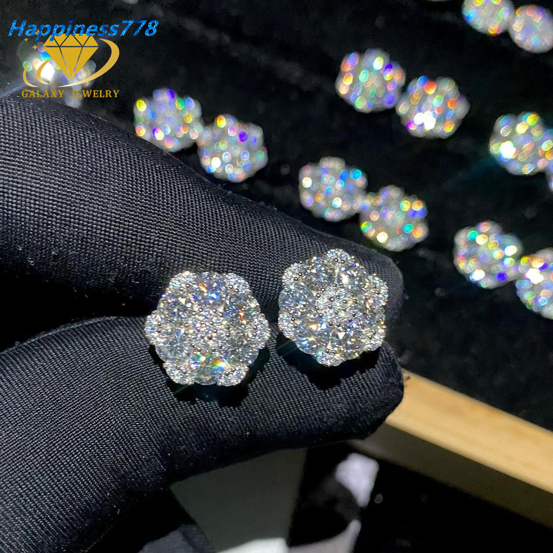 Hotsale Iced Out Hiphop Diamond Earring Silver 925 Vvs Moissanite Stud Earrings Iced Out Cluster Flower Stud Earrings