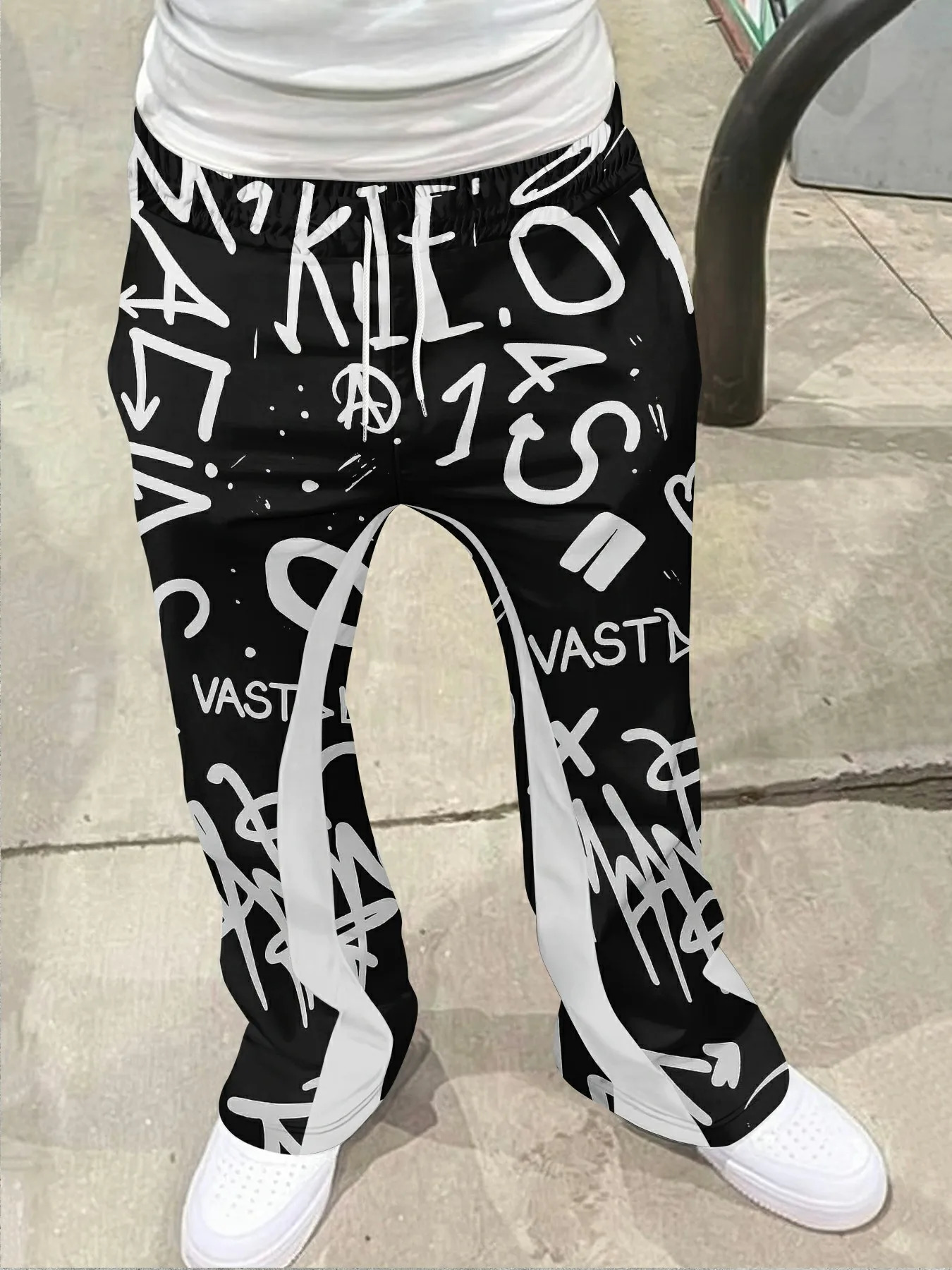 Mens Casual Street Style Trendy Cross Print Fashionable Slightly Flared Black and White Color-Block Sweatpants Men Pants 251211 - view 4