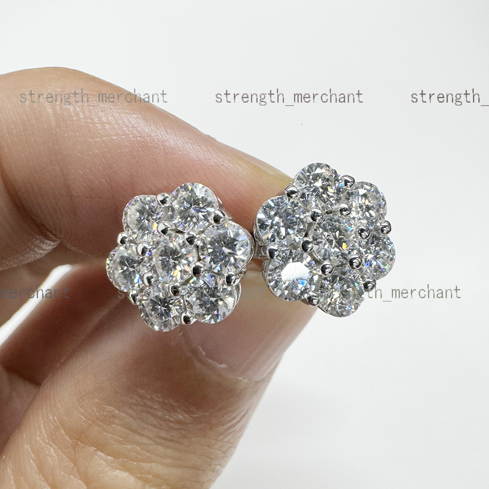 14K White Gold 925 Sterling Silver Women Men Iced Out Round Flower Cluster Hypoallergenic Hip Hop Moissanite Stud Earring