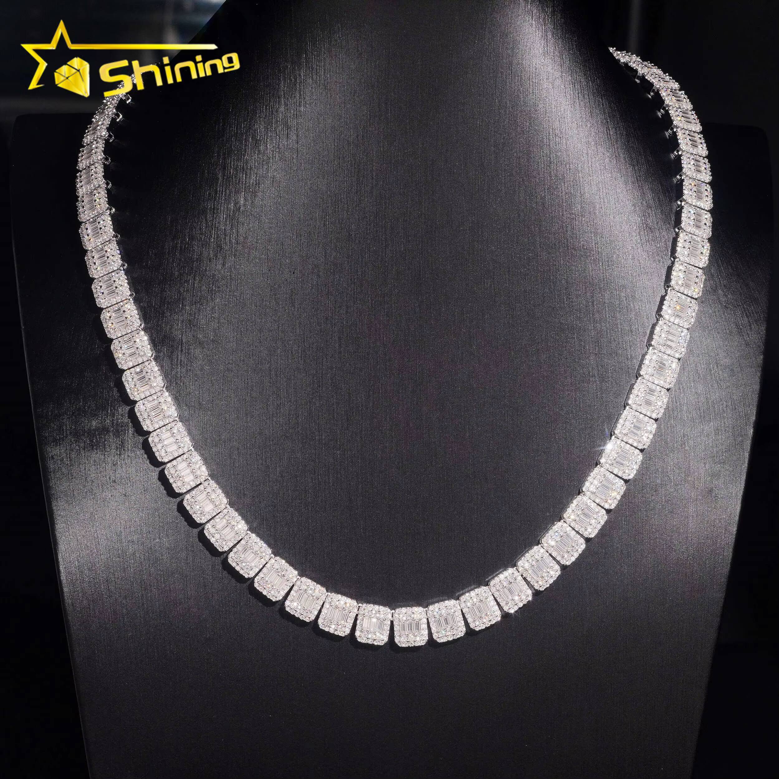 Luxury Baguette Sterling Silver 925 Iced Out Diamond Men Necklace Vvs Moissanite Hip Hop Jewelry Cluster Tennis Chain