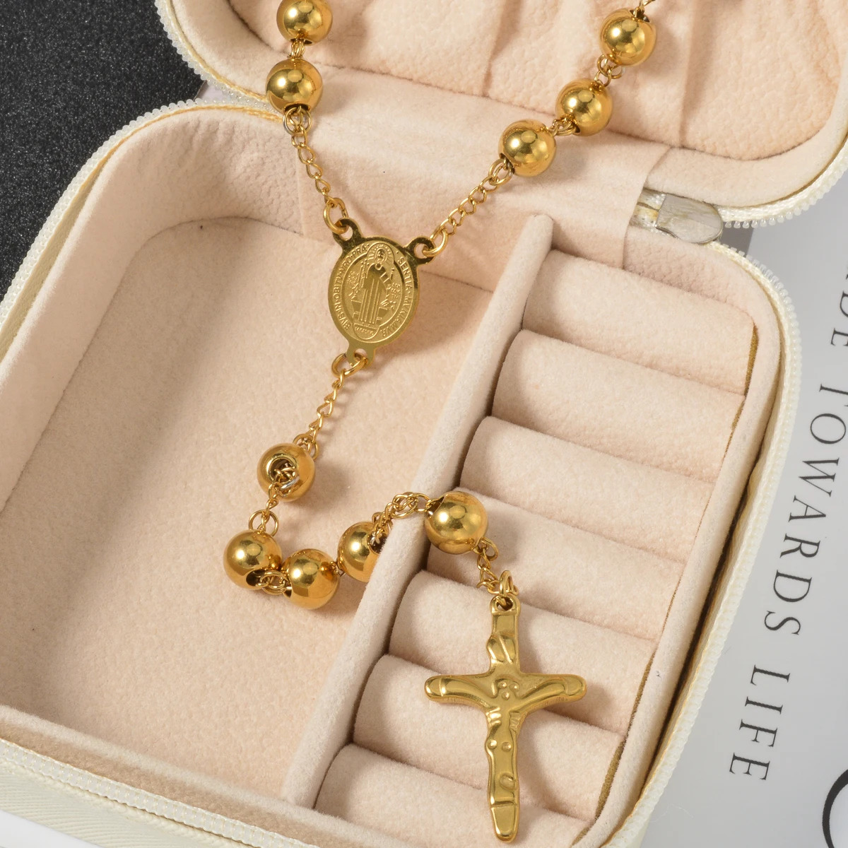 Gold Plated Rosary Beads Necklace with Jesus Cross Pendant Catholic Religious Jewelry Long Chain for Prayer Devotion Gift 251209