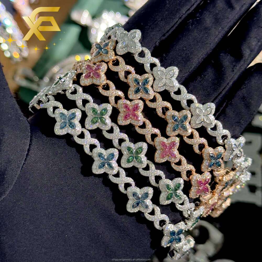 Hot Stunning Colorful Moissanite Clover Charm 13mm Four-Leaf Bracelet 925 Silver Cuban Chain Unisex