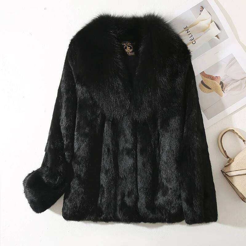 Genuine Whole 100% Real Coat With Luxury Natural Fox Collar Jacket Full Pelt Rabbit Fur Overcoat - view 7