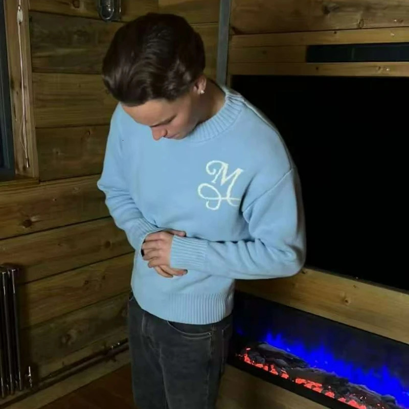 Y2K Sky Blue Long Sleeve Sweater Signature M Symbol Pattern Sweater Trendy Vintage Autumn Winter Unisex Oversized Clothing 251204