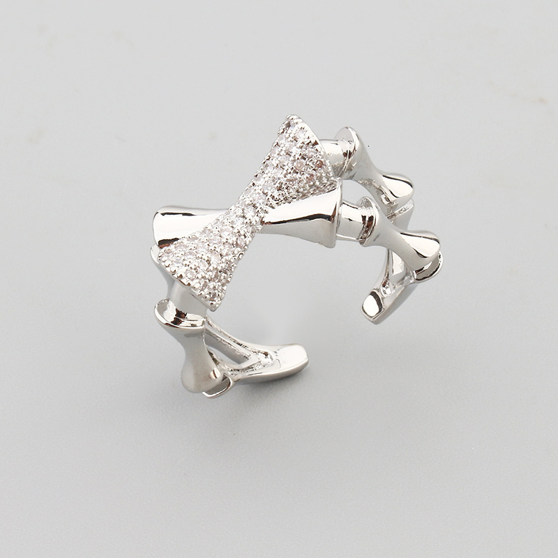 French Court Style Bamboo Knot Hollow Cross Bracelet Open Ring Women's Zircon Inlaid Jewelry