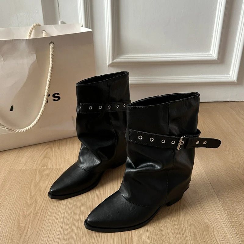 Inner Heightened Belt Buckle Boots Women Women British Style Booties Trouser Leaf Boots Mid-Leg Knight Boots 251212