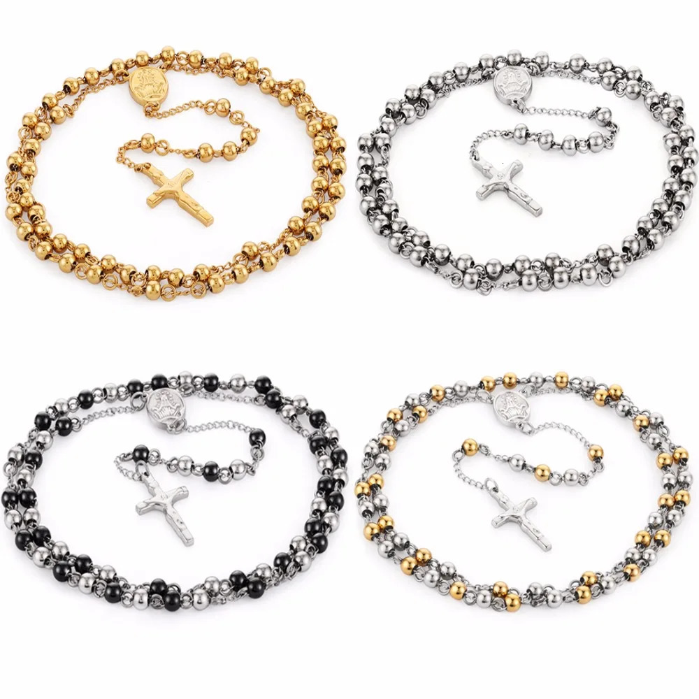 Stainless Steel Beads Necklace Gold Color Rosary Necklaces Pendants Jesus Christ Cross Long Chain Men Women Jewelry Gift NZ009251231ww