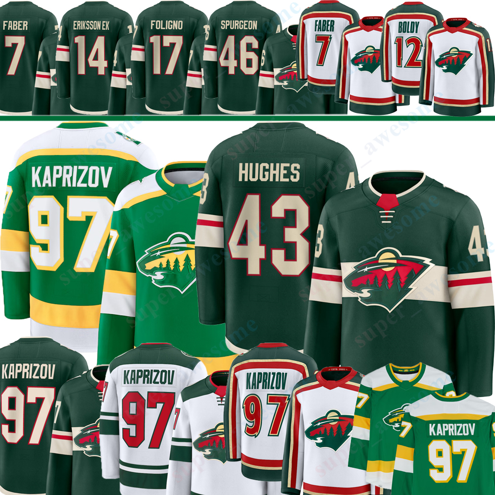 #97 Kirill Kaprizov #43 Quinn Hughes Mn Hockey Jersey Brock Faber Matt Boldy Mats Zuccarello Jesper Wallstedt Spurgeon Marcus Foligno Joel Eriksson Ek Wild Jersey
