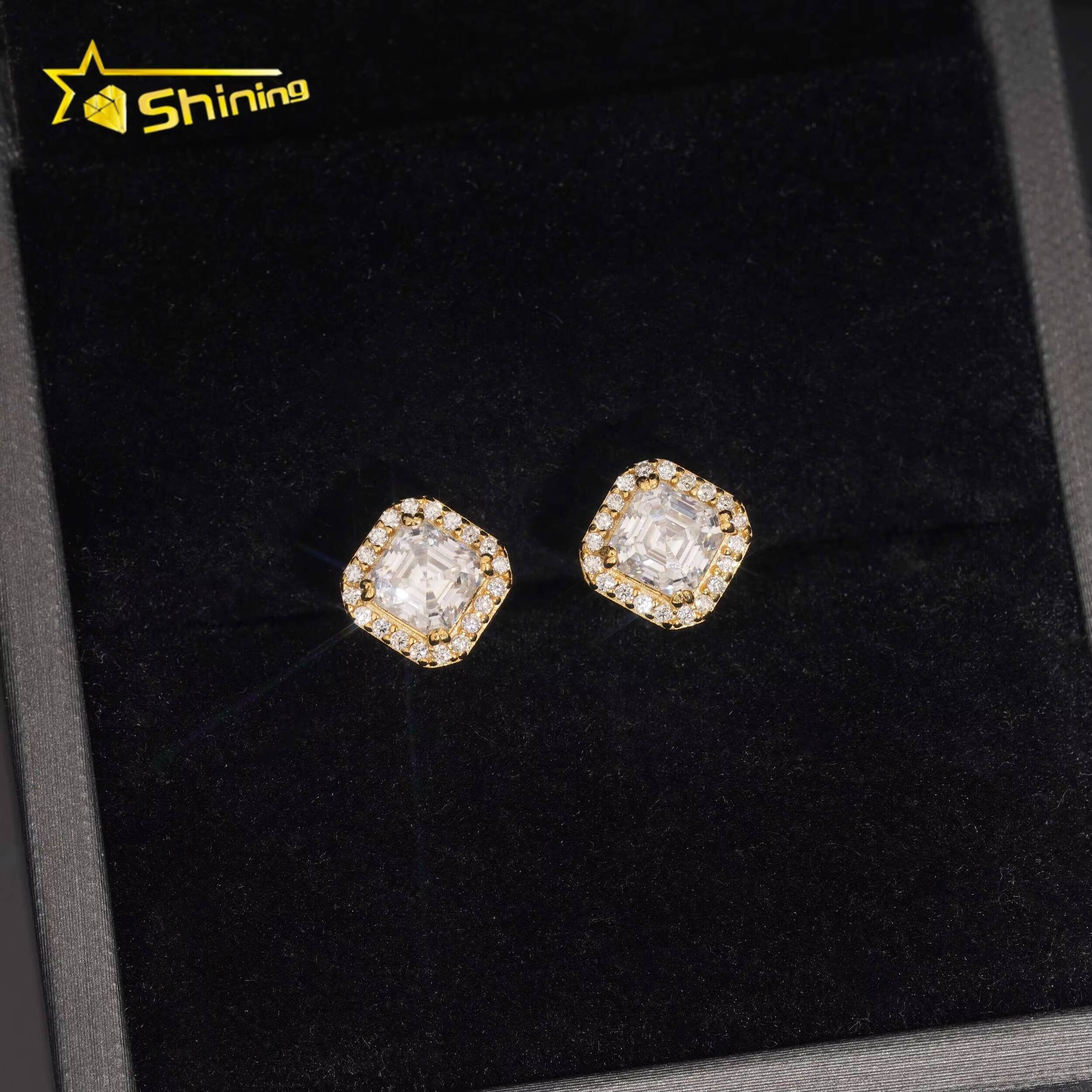 Luxury Hip Hop Jewelry Top Quality D VVS Diamond 925 Silver Men Asscher Cut Halo Moissanite Earrings