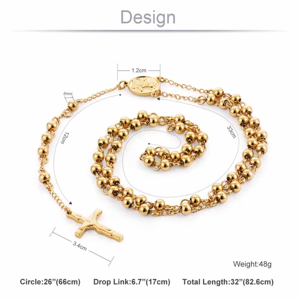 Stainless Steel Beads Necklace Gold Color Rosary Necklaces Pendants Jesus Christ Cross Long Chain Men Women Jewelry Gift NZ009251231ww