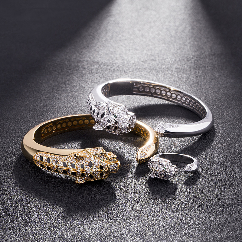 Cross-Border Copper Gold-Plated Diamond-Inlaid Mechanical Leopard Head Bracelet Women's Bracelet Animal Jewelry