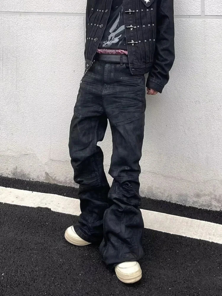 American Retro Y2K Streetwear Black Baggy Pleated Flared Jeans Pants For Men Clothing Gothic Rock Cotton Long Trousers 251212 - view 5