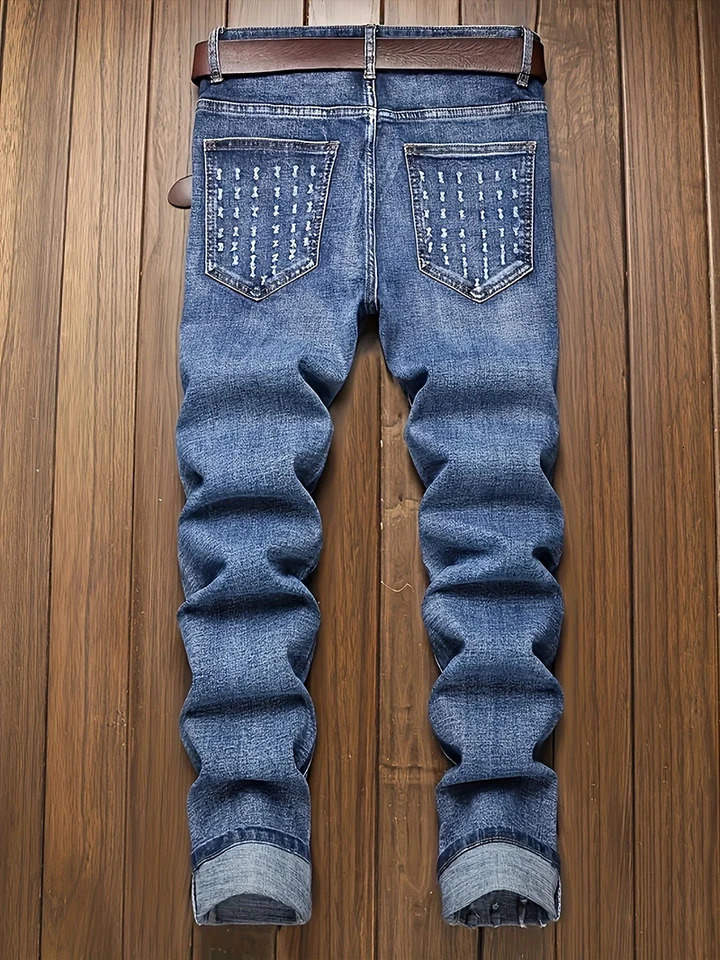 Spring and Autumn Mens Straight Pull up Denim Jeans with High Elasticity Washed Blue Slimming Pants Large Size 251205