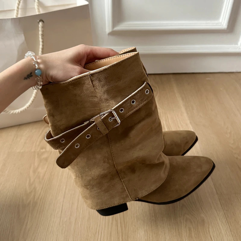 Inner Heightened Belt Buckle Boots Women Women British Style Booties Trouser Leaf Boots Mid-Leg Knight Boots 251212