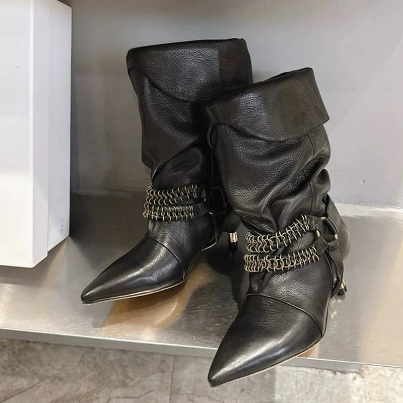 Autumn Winter Shoes Street Fashion Metal Buckle Women Mid Calf Boots Vintage Pointed Toe Low Thin Heels Western Booties 251212 - view 3