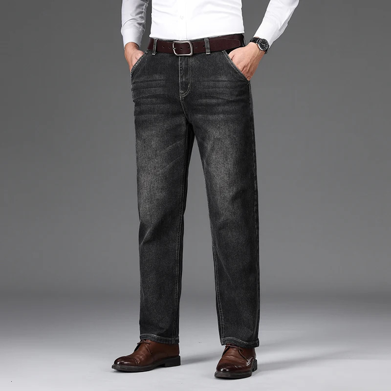 Autumn Mens Straight Jeans Classic Washed Stretch Cotton Business Casual Denim Pants Fashion Clothes Black Blue Gray 251205