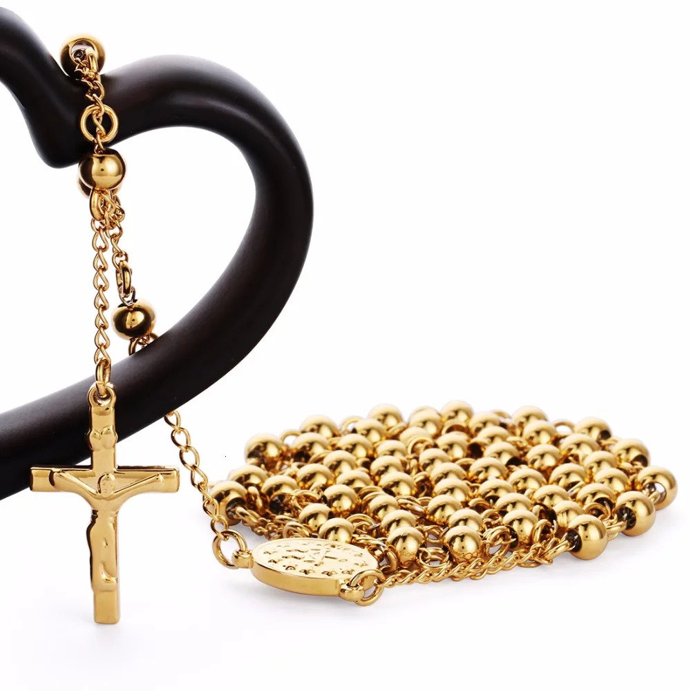Stainless Steel Beads Necklace Gold Color Rosary Necklaces Pendants Jesus Christ Cross Long Chain Men Women Jewelry Gift NZ009251231ww