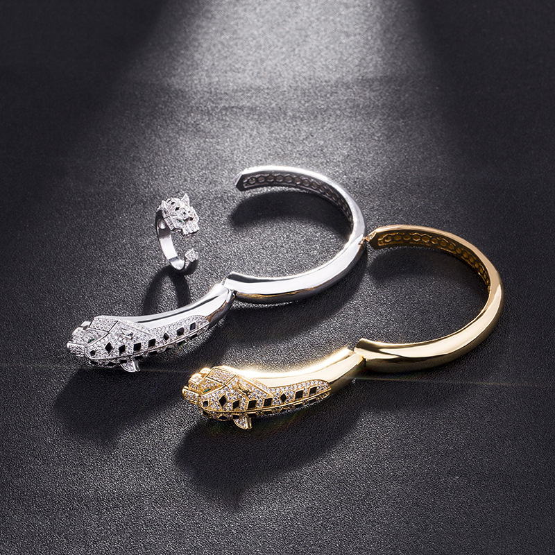 Cross-Border Copper Gold-Plated Diamond-Inlaid Mechanical Leopard Head Bracelet Women's Bracelet Animal Jewelry