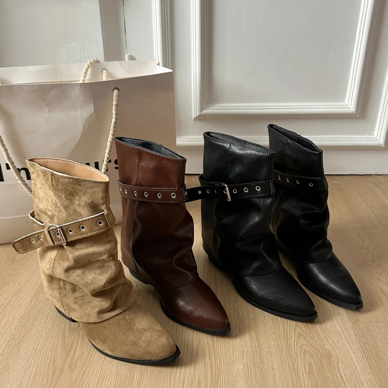 Inner Heightened Belt Buckle Boots Women Women British Style Booties Trouser Leaf Boots Mid-Leg Knight Boots 251212