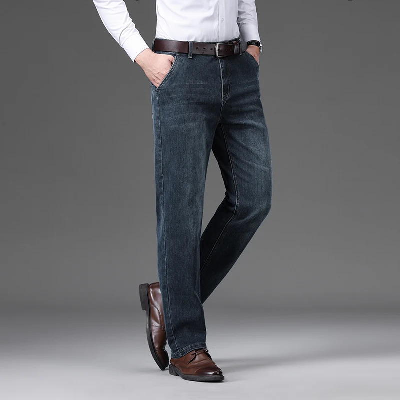 Autumn Mens Straight Jeans Classic Washed Stretch Cotton Business Casual Denim Pants Fashion Clothes Black Blue Gray 251205