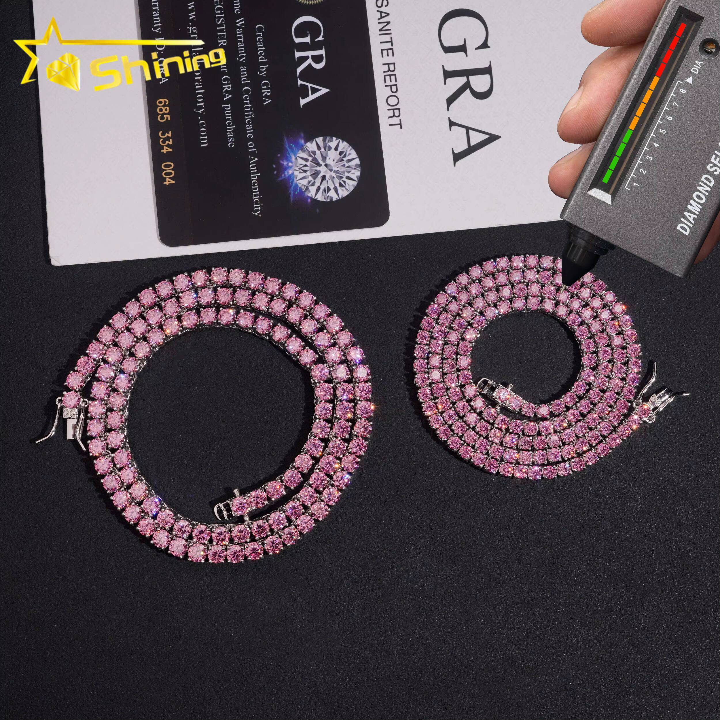 New Arrival 925 Silver 3mm 4mm Pink Color Moissanite Tennis Necklace Hip Hop Iced Out Men Women Choker Tennis Chains