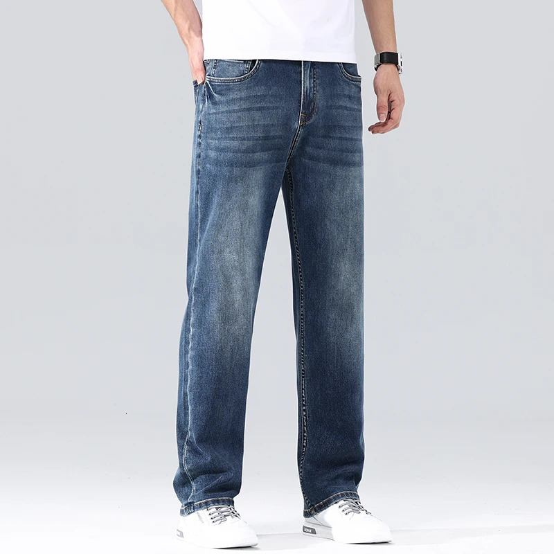 Pure Cotton Elastic Mens Casual Jeans Classic Loose Straight Wide Leg Pants High Quality Washed Denim Trousers 251205