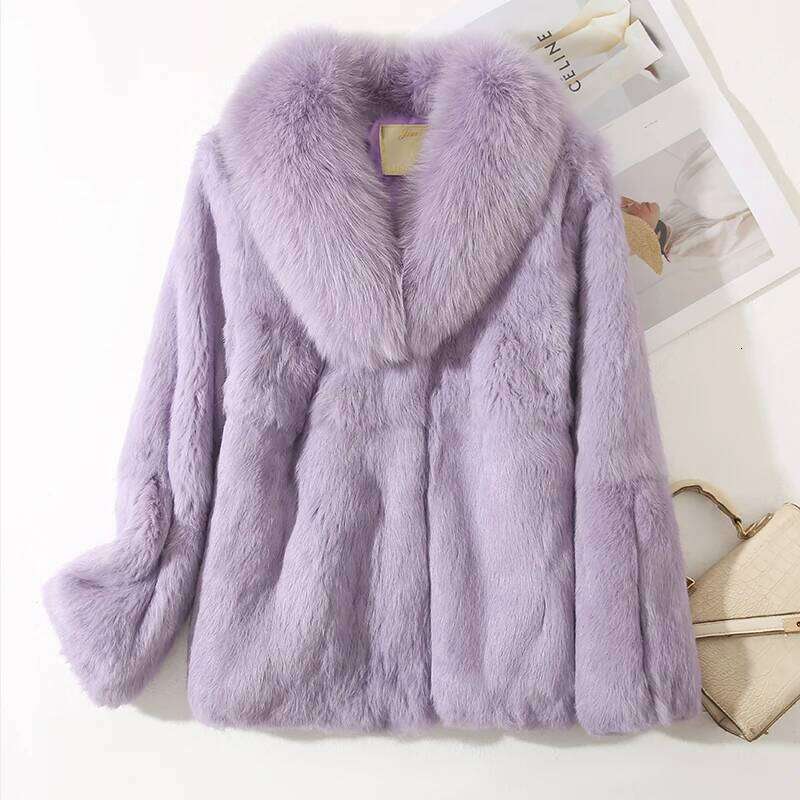Genuine Whole 100% Real Coat With Luxury Natural Fox Collar Jacket Full Pelt Rabbit Fur Overcoat - view 5