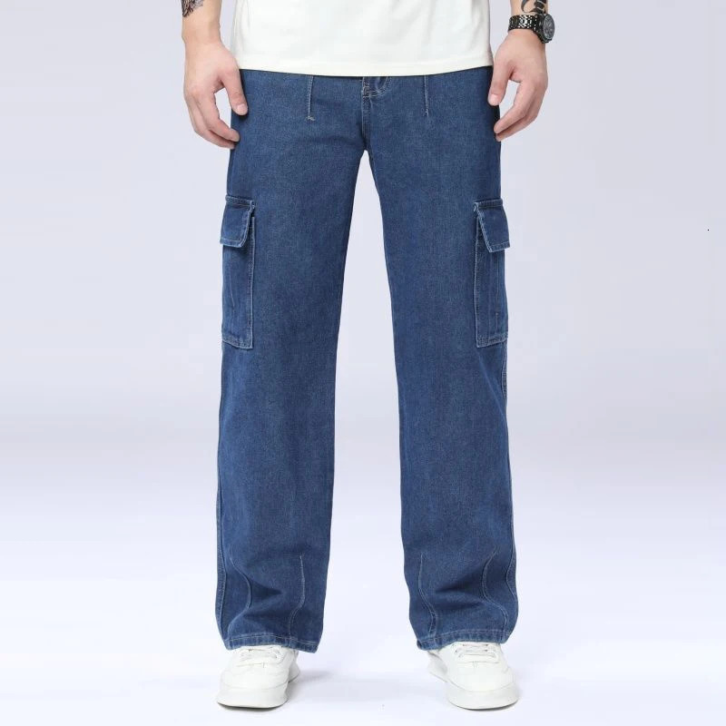 Baggy Straight Leg Jeans MultiPocket Washed Cargo Pants Autumn Fashion Plus Size Classic Blue Casual Retro Daily Denim Trousers 251205