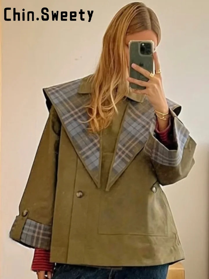 Vintage Plaid Reversible Two-Way Coat Women Oversize Single Breasted Pocket Loose Jacket 2025 Aautumn Lady Chic Outwears251205ww