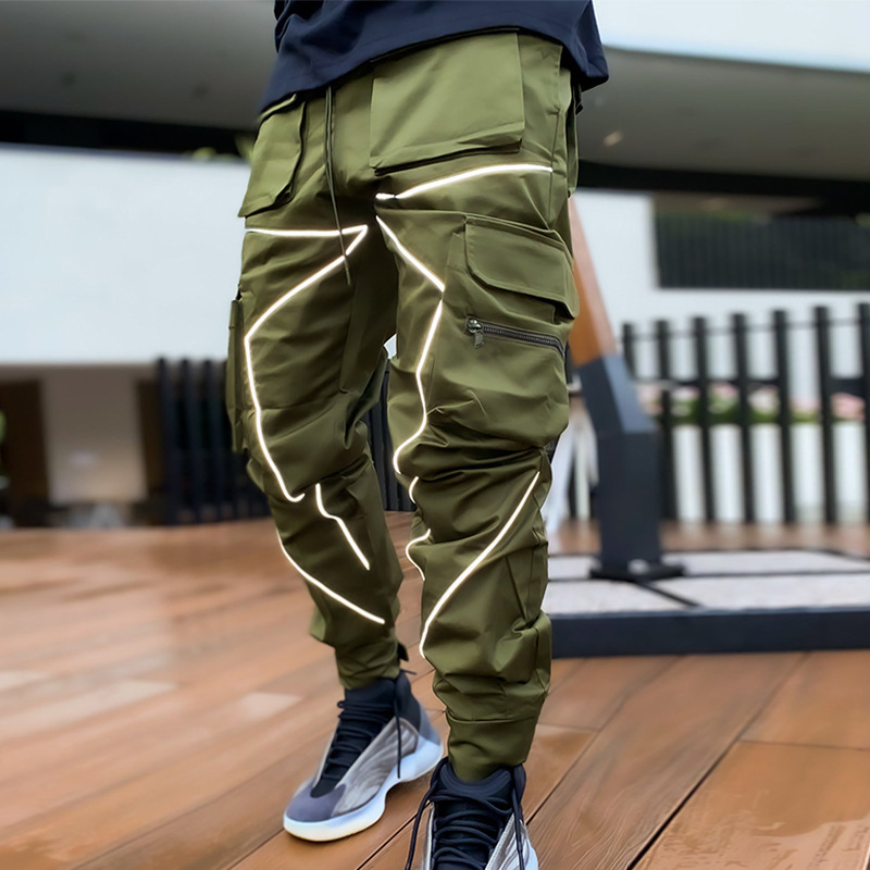 black Men's clothing reflective casual pants ankle cuffs small legs men's pants workwear pants plus size customized designer cargo pants