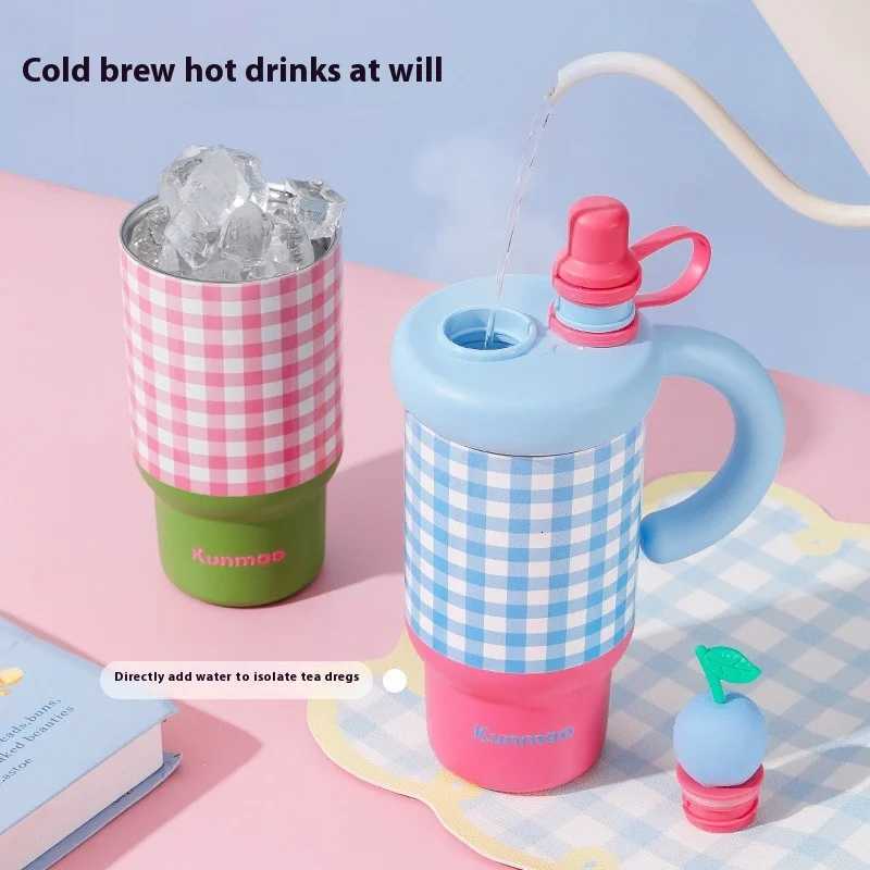 New Coffee Cup for Girls High Appearance Level Checkered InS-style Straw Cup Stainless Steel Portable Handle Insulated Cup H251215