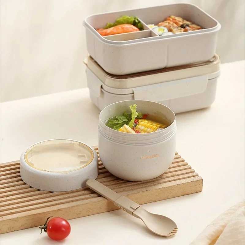 Students Wheat Straw Lunch Box Portable Microwave Oven Bento Box Soup Bowl Thermos Bag School Off Food Storage Containers H251213