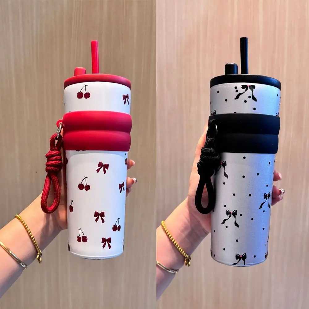 Winter 700ML Red Cherry Thermos Cup Pink Flower Bow Vacuum Cup Gift With Lifting Rope Thermal Water Bottle for Student Children H251215