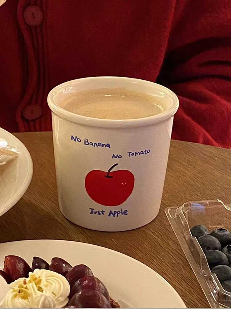 350ML Red Apple Coffee gs Simple Handdrawn Ceramic Cup Retro No Banana g Family Children Water Cup With Spoon Couple Gift H251215