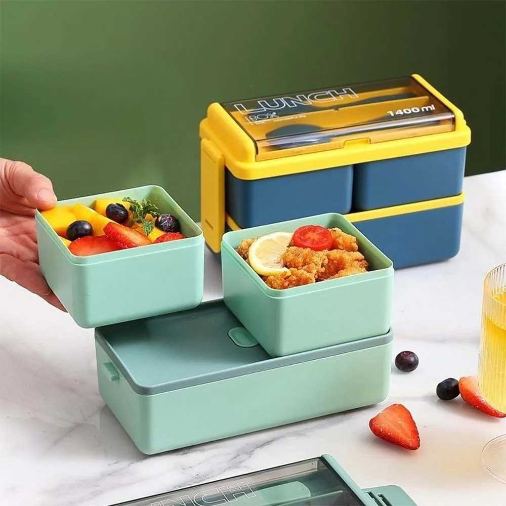Double layered lunch box with fork and spoon stackable suitable for microwave heating suitable for students and off worker H251213