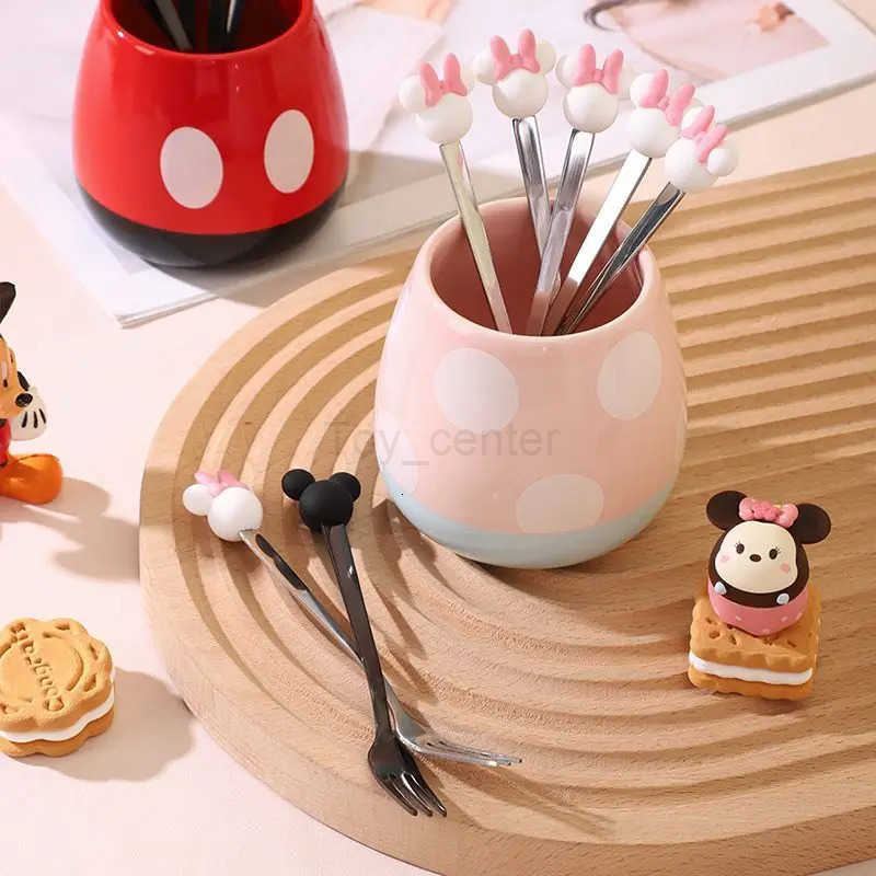 Disney Kawaii Mickey Minnie stainless steel fruit fork set household child safety fork with storage ceramic jar gift wholesale H251215