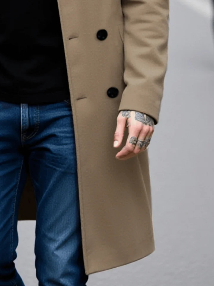 Mens Streetwear Wool Coat DoubleBreasted Retro n Thickened Tweed with Warm Stand Collar Manswear 251211 - view 4