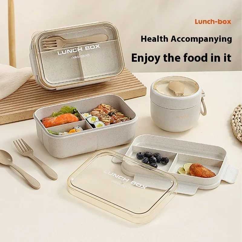 Students Wheat Straw Lunch Box Portable Microwave Oven Bento Box Soup Bowl Thermos Bag School Off Food Storage Containers H251213