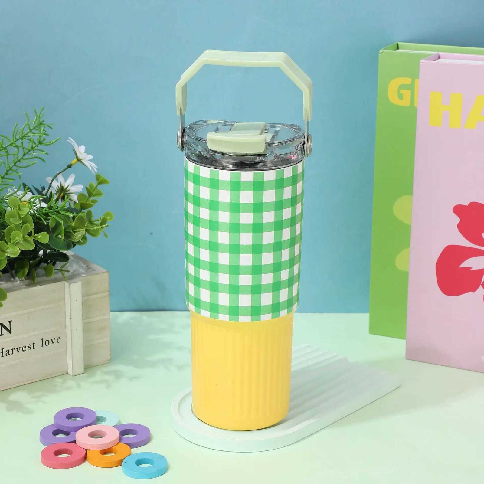 30oz Stainless Steel Tumbler - Double Lid Vacuum Insulated Cup with Straw Handle Keeps Cold 24H for Gym Hiking Car Travel H251215