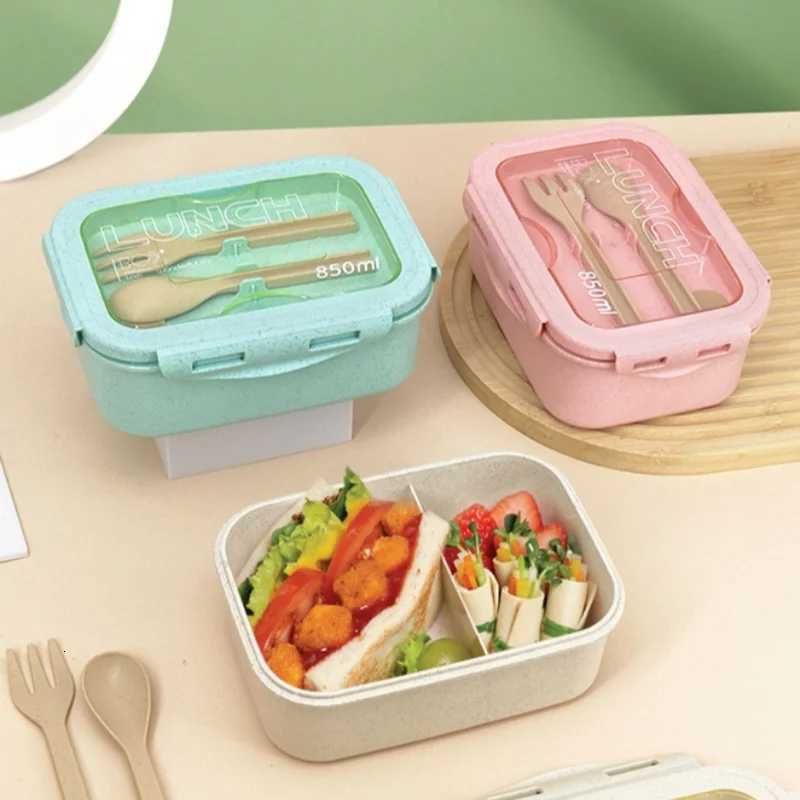 850ml Divided Lunch Box Portable Large Capacity Microwae Bento Box with Fork and Spoon Food Storage Container for School Camping H251213