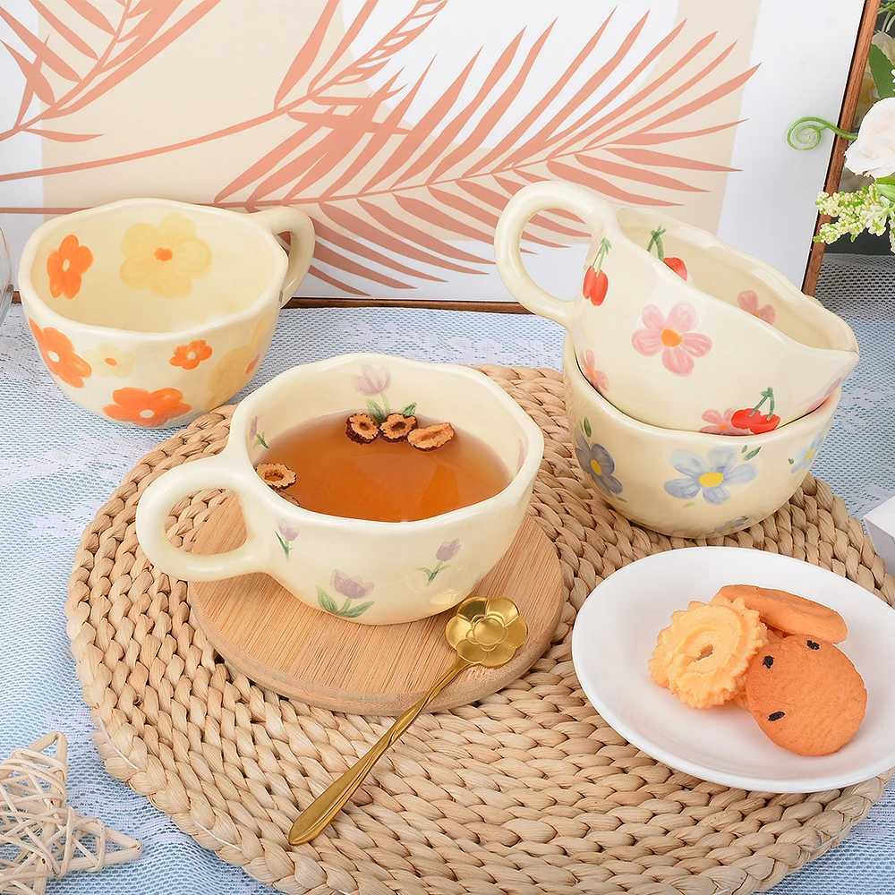Ceramic gs Coffee Cups Hand Pinched Irregar Flower Milk Tea Cup Ins Korean Style Oatmeal Breakfast g Drinkware Kitchen H251215