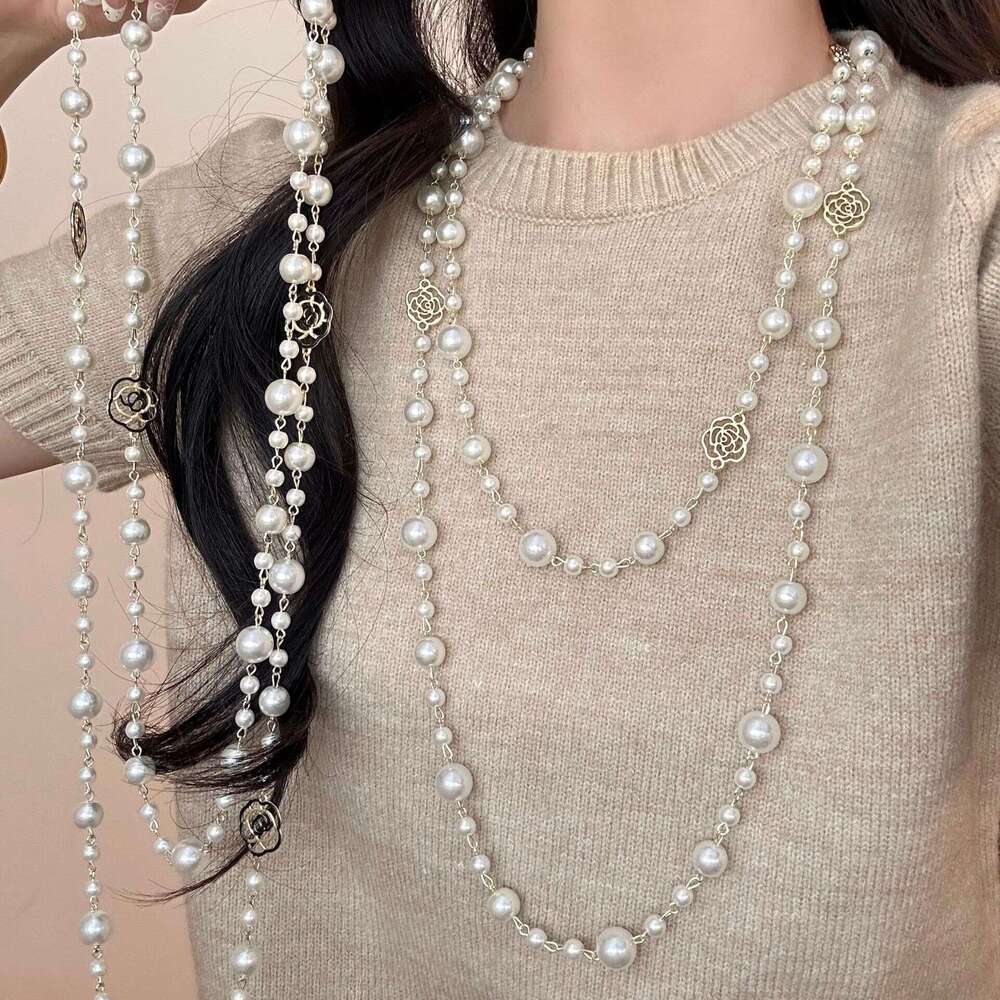 Necklace for Women Designer Luxury 2026 Long Camellia Pearl Necklace Niche High-End Multi-Layer Stacking Sweater Chain Accessory