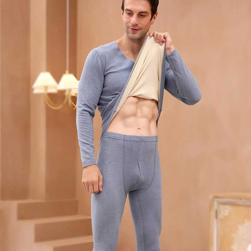 Plus Size Thickened Thermal Underwear Set Men Fleece Solid Color Autumn Clothes and Long Pants Soft Crew Neck warm pants G251215